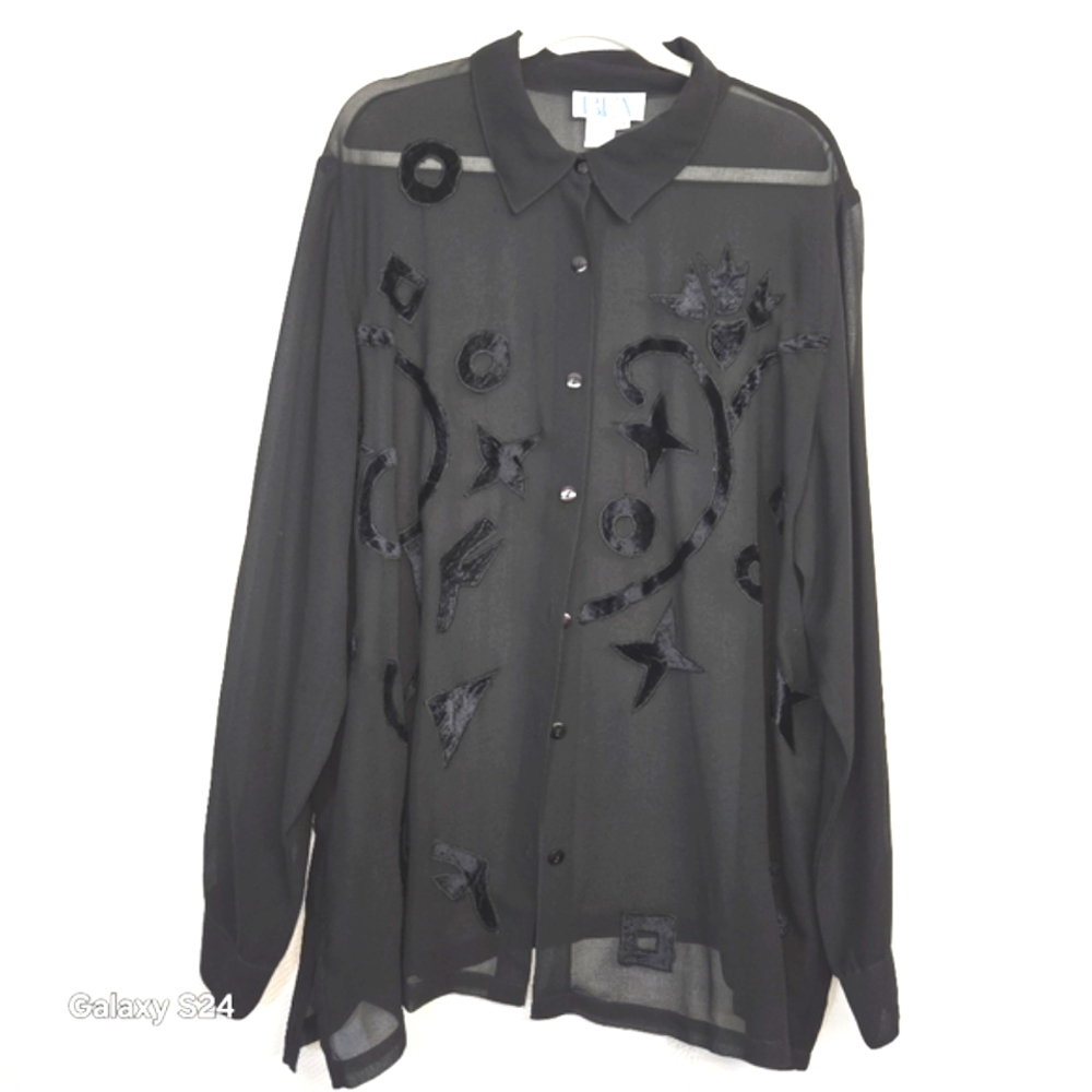 BFA CLASSIC WOMEN LONGSLEEVE SEE TROUGH EMBROIDERY BLACK TOP SIZE 2X